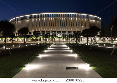 KRASNODAR, RUSSIA - JUN 21, 2017: Territory of football stadium Krasnodar at night, stadium was opened on October 9, 2016