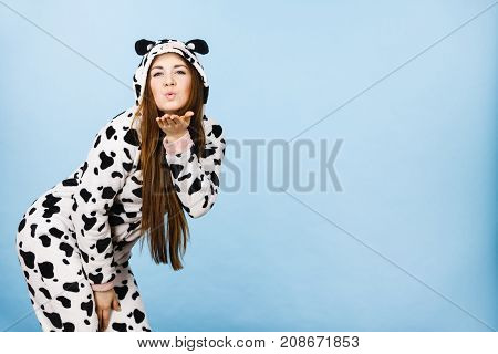 Woman Wearing Pajamas Cartoon Blowing Kiss