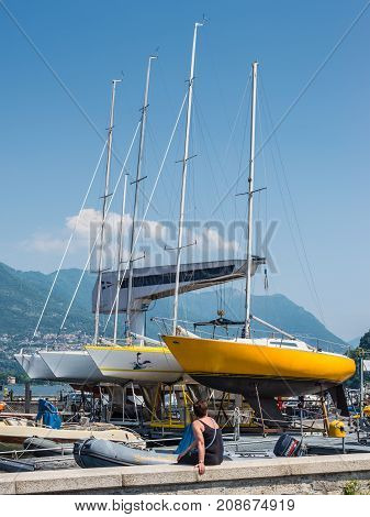 Como Italy - May 27 2016: Yachts ashore of Como Lake in a boatyard in the Como City Italy.