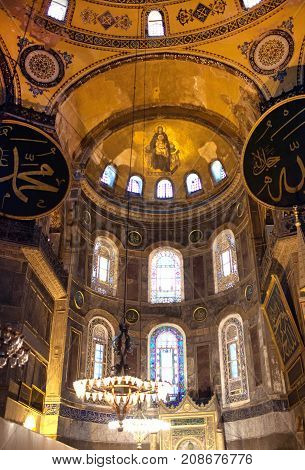 ISTANBUL, TURKEY - OCTOBER 30, 2015:  Interior of Hagia Sophia Church with fresco of Hexapterygon - six-winged Seraphim, biblical angel. Structure was formerly basilica, mosque, and now museum