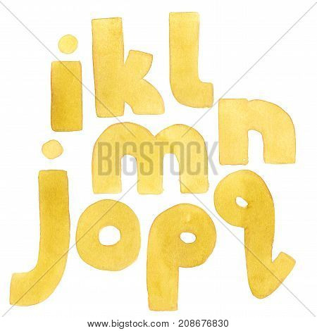 Large grainy watercolor bright lowercase letters. Bold alphabet sequence from I to Q. Bright yellow font.