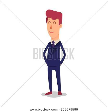 Cartoon successful businesman in suit. Young office manager in flat style. Professional salesman smiling on a white background. Big boss