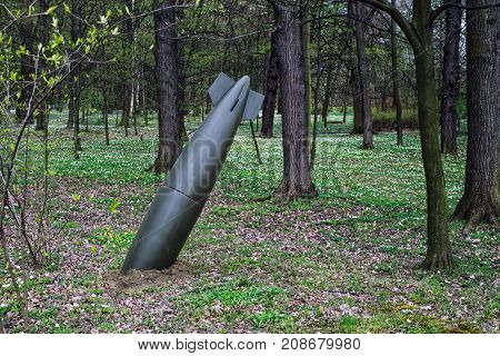 close up on misfire or unexploded bomb in the forest