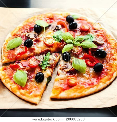 Pizza Margherita mozzarella cheese pizza close up. Delicious italian pizza