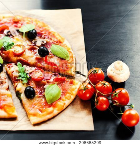Pizza Margherita mozzarella cheese pizza close up. Delicious italian pizza