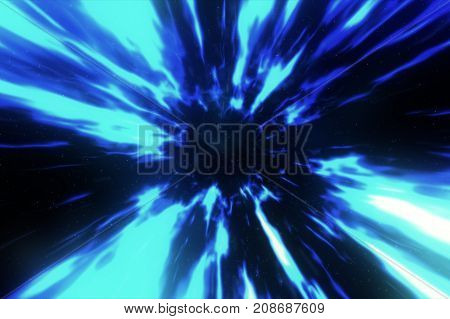 3D Illustration With Wormhole Interstellar Travel Through A Blue Force Field With Galaxies And Stars