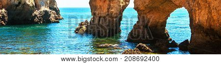 Algarve coastline in Portugal. Rocks and Sea in Lagos Algrave Portugal