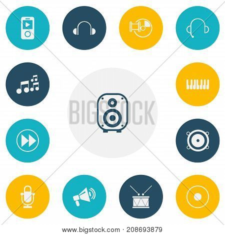 Set Of 13 Editable Music Icons. Includes Symbols Such As Mp3 Player, Earflaps, Studio Device And More