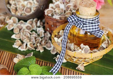 Moringa oleifera oil and seeds on wood background