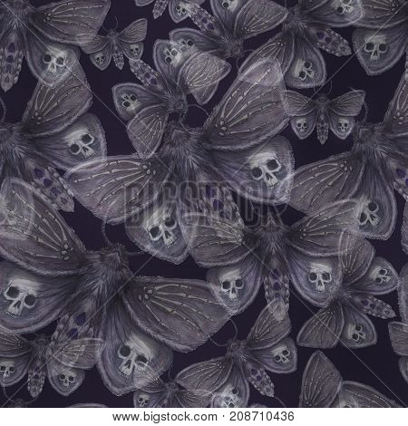 Watercolor drawing of a butterfly night butterfly, a terrible butterfly on a Halloween holiday with a skull on its wings and bones, a wrist of a skeleton, a furry butterfly