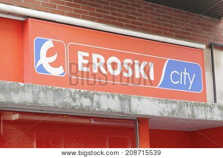 BILBAO SPAIN - OCTOBER 13 2017. Eroski logo from a shopping center in the city of Bilbao. Eroski is a Spanish supermarket chain with nearly 1000 outlets across Spain.
