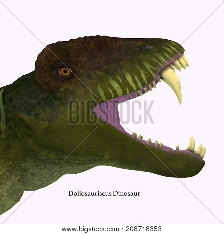 Doliosauriscus Dinosaur Head with Font 3d illustration - Doliosauriscus is an extinct genus of therapsid carnivorous dinosaur that lived in Russia in the Permian Period.