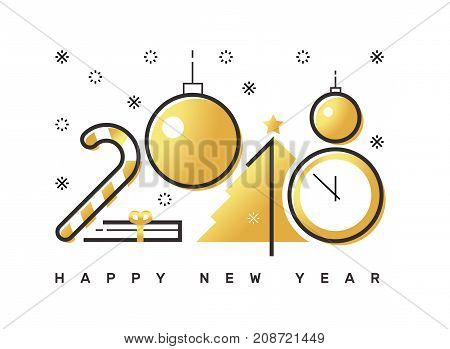Happy 2018 new year flat thin line horizontal gold greeting card design. Isolated snow flakes gift box star tree clock candy & balls on white background.