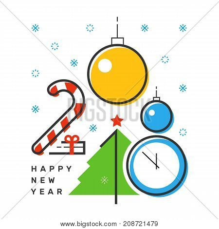 Happy 2018 new year flat thin line vertical colorful greeting card design. Isolated snow flakes gift box star tree clock candy & balls on white background.