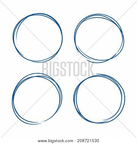 Set of hand drawn grunge style dark blue vintage ball pen scribbles on white paper background. Text logo or icons selection abstract frame concept.