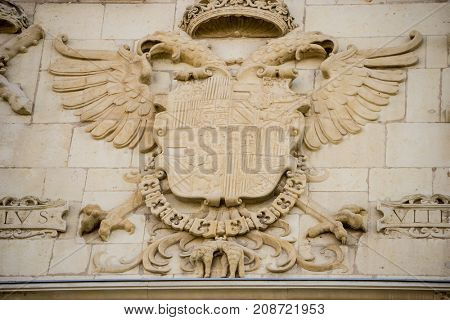 Details of stone sculptures of the facade of the University of AlcalÃÂ¡ de Henares. Madrid, Spain
