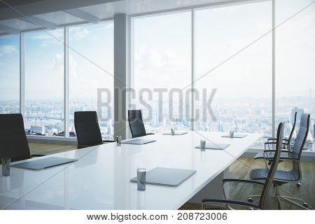 Side view of bright meeting room interior with equipment and panoramic city view. 3D Rendering