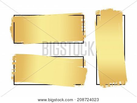 Vector abstract hand drawn ink brush stroke texture set. Geometric golden flat shape background frame. Isolated vintage objects with dry rough grungy edges.