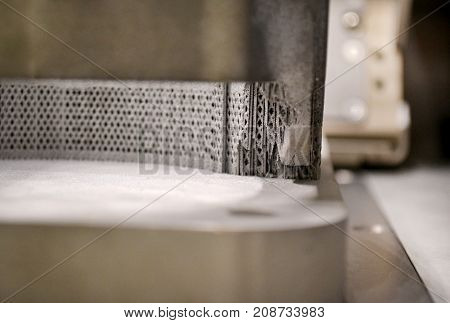 A model with supports created in a laser sintering machine stays in the working chamber. DMLS SLM SLS technology. Concept of 4.0 industrial revolution. Progressive modern additive technology.