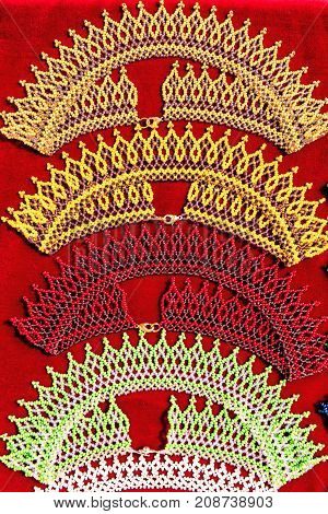 Closeup Of Beaded Necklaces Or Bracelets Made With Traditional Ukrainian Glass Beads On Table Displa