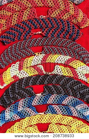 Closeup Of Beaded Necklaces Or Bracelets Made With Traditional Ukrainian Glass Beads On Table Displa