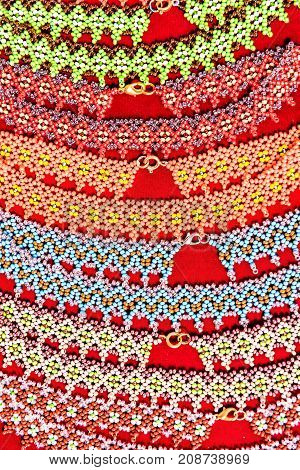 Closeup Of Beaded Necklaces Or Bracelets Made With Traditional Ukrainian Glass Beads On Table Displa