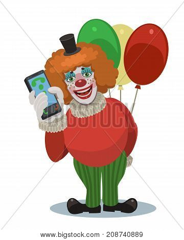 Clown with balloons laughing, he calls you on your mobile phone, it is happy holidays your children, friends, relatives and loved ones!