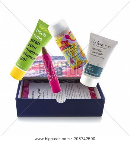 SWINDON UK - OCTOBER 8 2017: BIRCHBOX Cosmetics on a White Background