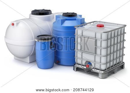 Different types of plastic water storage tank on white background - 3D illustration