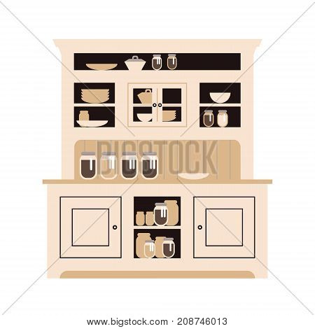 Hutch Kitchen Buffet With Dishes Of Different Bottles And Glasses, Cans And Plates. Flat Vector.