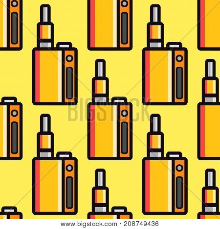 Vape device vector cigarette vaporizer vapor juice vape bottle seamless pattern flavor illustration battery coil. Trend new culture electronic nicotine liquid. Smoking atomizer device e-liquid.
