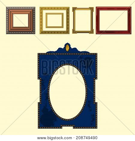 Picture frame museum interior exhibition decorative vector. Photo art gallery on vintage antique decoration wall. Photograph paper wooden square blanck.