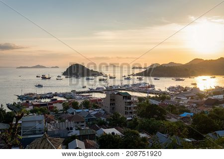 East Nusa Tenggara Indonesia - July 262017: Beautiful sunset at Labuan Bajo Port in Flores Island