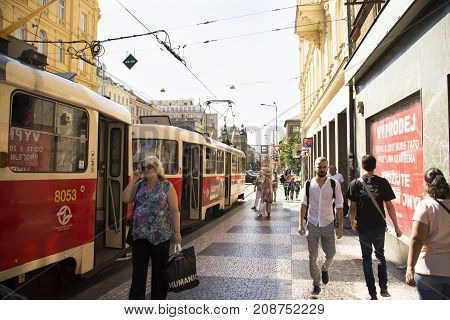 Czechia People And Foreigner Travelers Use Retro Tramway Got To Travel And Working At I.p. Pavlova S