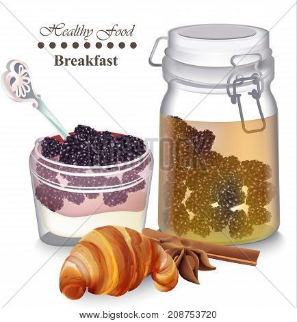 Sweet Delicious Breakfast Dessert Vector. Yogurt Parfait With Fruits, Croissant And Tea Realistic St