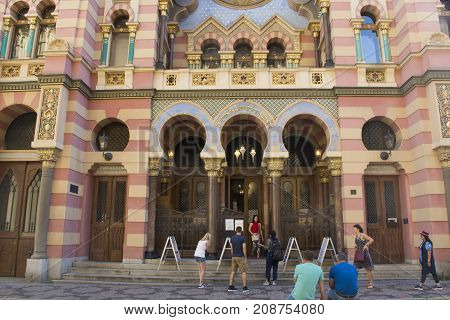 Czechia People And Foreigner Travelers Visit Jubilee Synagogue Or Jerusalem Synagoga Colorful Buildi