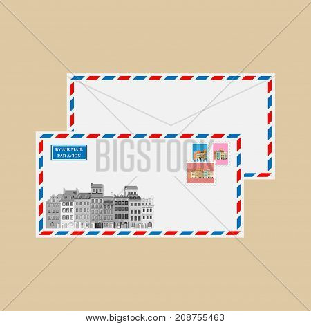 Air mail envelope with market square of the Old Town Warsaw, stamps and postmarks. Vector illustration