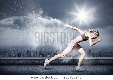 Sporty woman running on a white background against balcony overlooking city