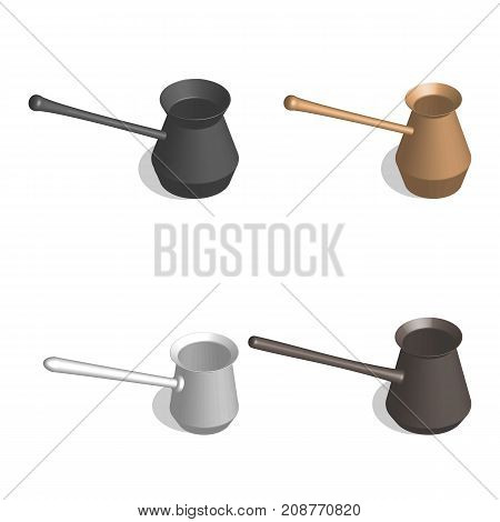 Set of cezve for coffee of different shapes isolated on white background. Design elements of kitchen inventory. 3D isometric style vector illustration.