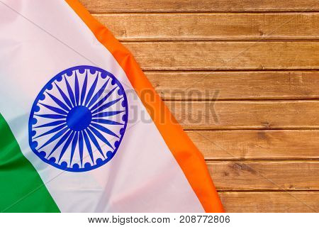 The Flag Of The Republic Of India On Wooden Background. The Place To Advertise, Template.view Top.