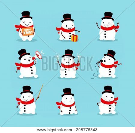 Set of cute playful snowmen. Elements from the Christmas collection of characters. Happy New Year Merry Xmas design element. Good for card banner flayer leaflet poster. Vector illustration