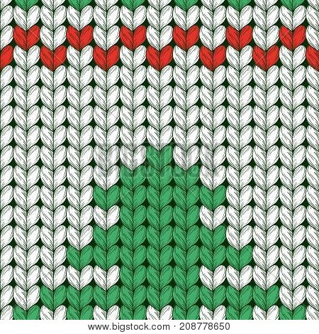 Seamless knitted pattern with Christmas tree. Woolen cloth. Christmas Knitted Pattern