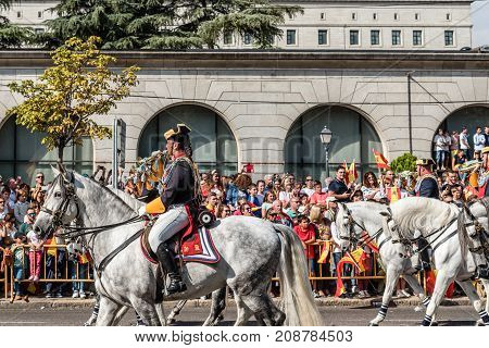 Madrid Spain - October 12 2017: Guardia Civil calvary marching in Spanish National Day Army Parade. Several troops take part in the army parade for Spain's National Day.