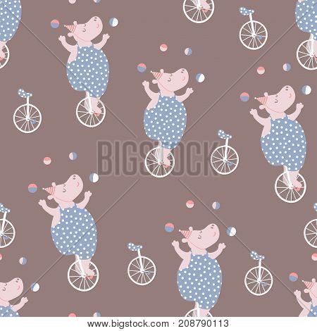 Seamless pattern with hippo artists. Circus vector childish background.