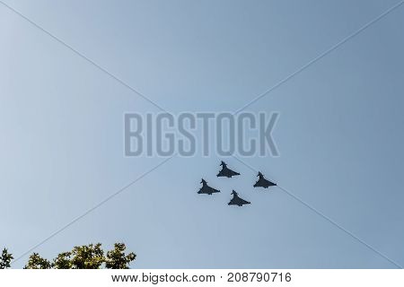 Madrid Spain - October 12 2017: Four Eurofighter jet flying in Spanish National Day Parade. Short after the parade one of them crashed while landing on Albacete air base.