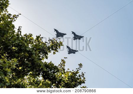 Madrid Spain - October 12 2017: Four Eurofighter jet flying in Spanish National Day Parade. Short after the parade one of them crashed while landing on Albacete air base.