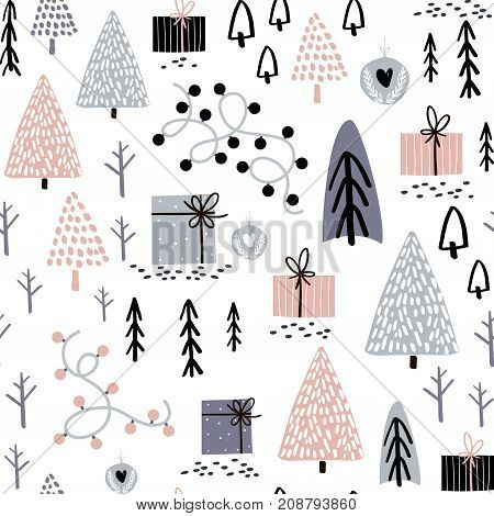 Seamless winter pattern with gift box tree christmas light. Creative christmas background. Vector Illustration