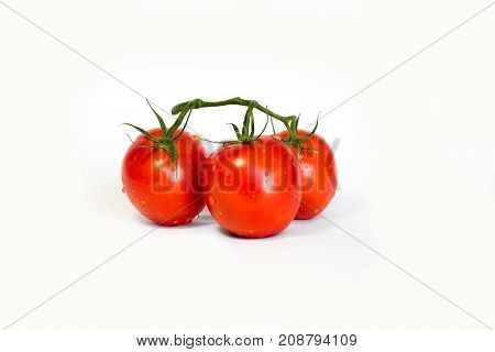 juicy tomatoes on a white background after the rain