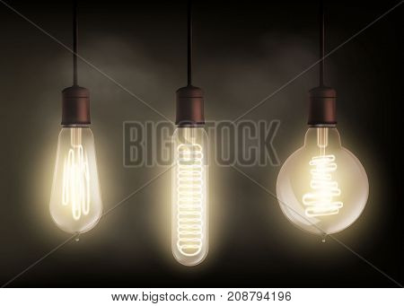 Set of vintage spiral light bulb is glowing in the dark. Technology retro background. Stock vector illustration.