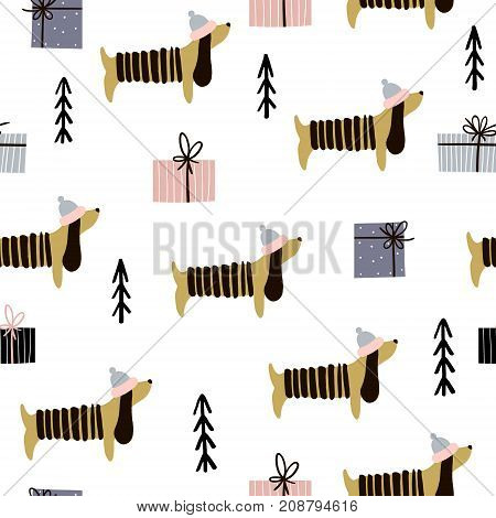 Seamless pattern with dachshunds and gift boxes. Creative christmas background. Vector Illustration